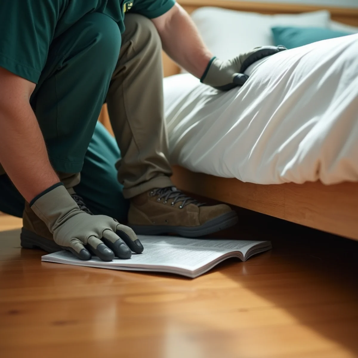 Bed leg interceptor trap installed on hardwood floor for post-treatment monitoring