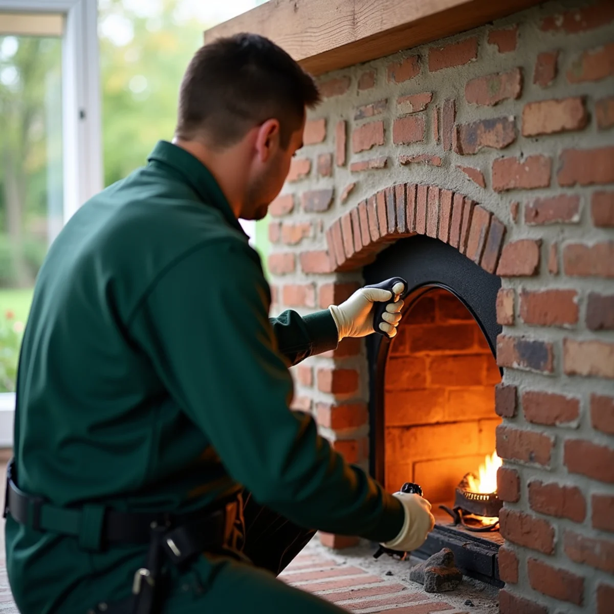 Technician inspecting fireplace damper mechanism with bright flashlight