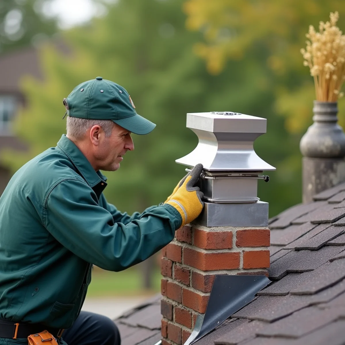Stainless steel animal-proof chimney cap installed on rooftop brick flue