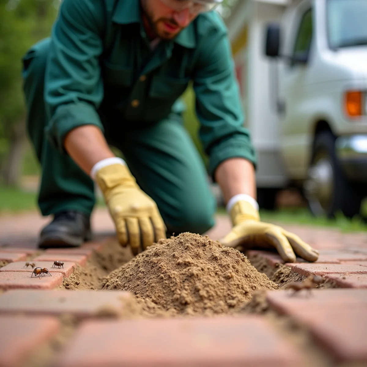 Small sand crater excavated by pavement ants between patio pavers