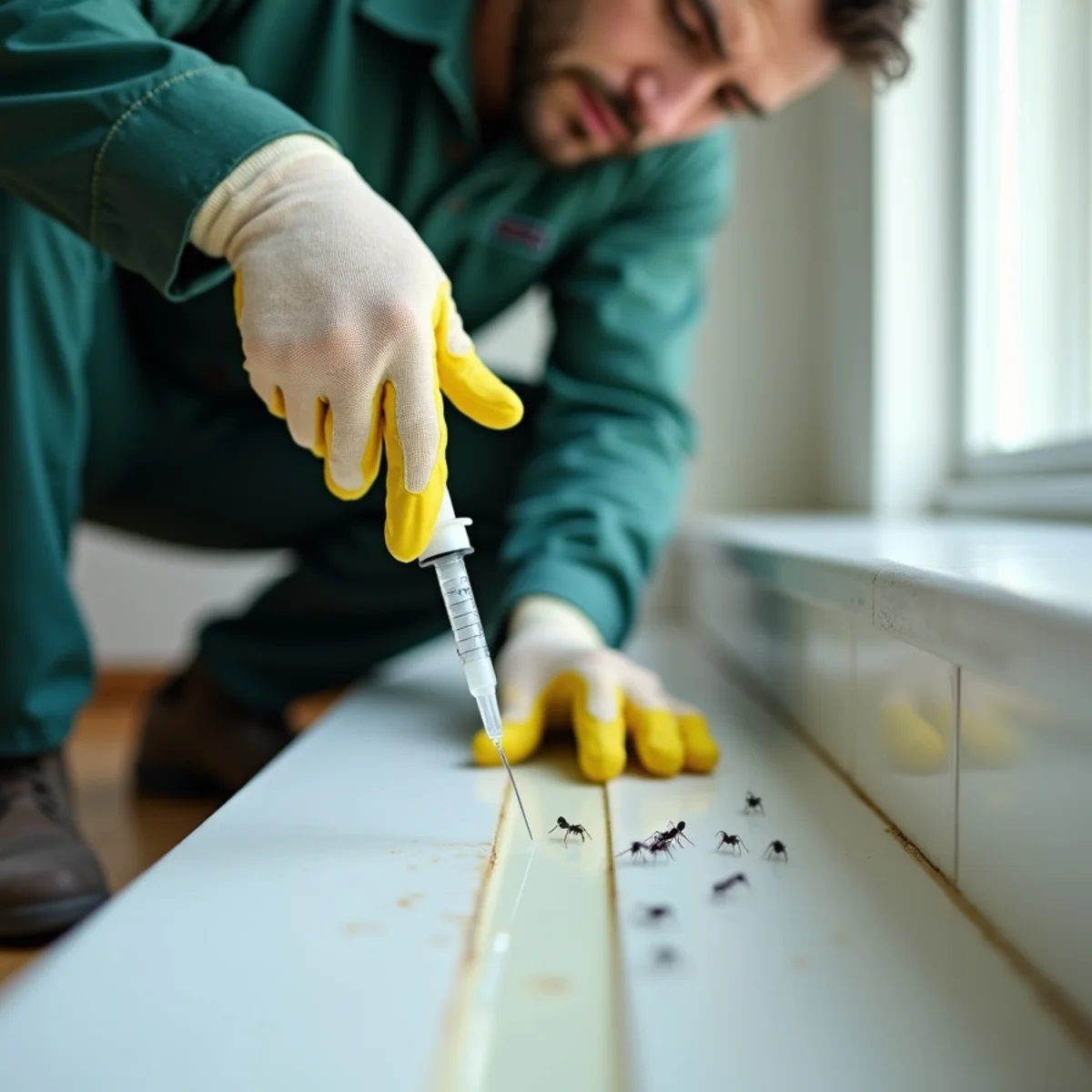 Applying clear sweet ant bait droplets along baseboard foraging trail