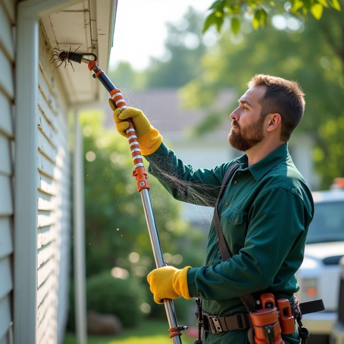 Telescoping pole removing summer spider webs and wasp starts from eave