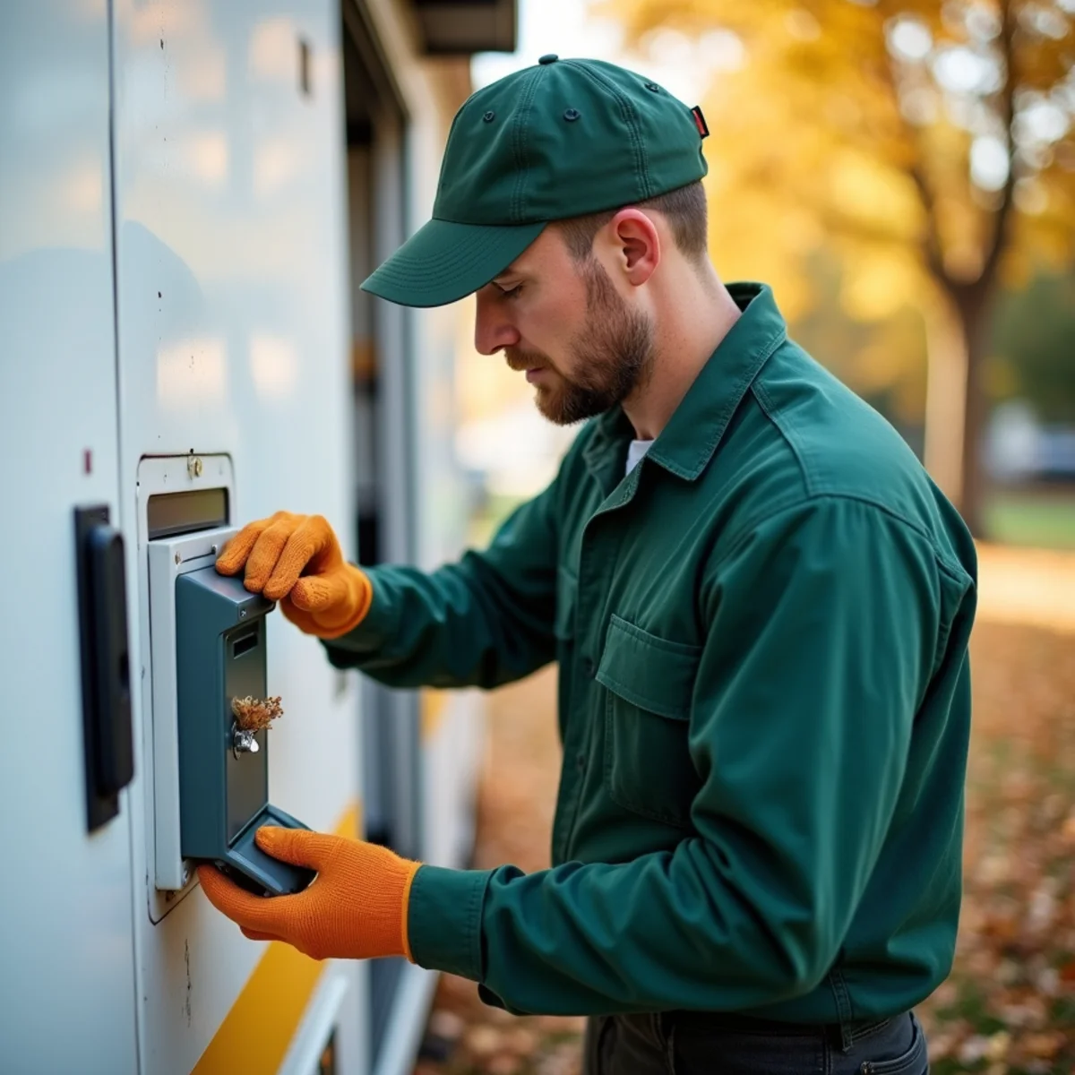 Servicing and replenishing exterior rodent monitoring station in autumn