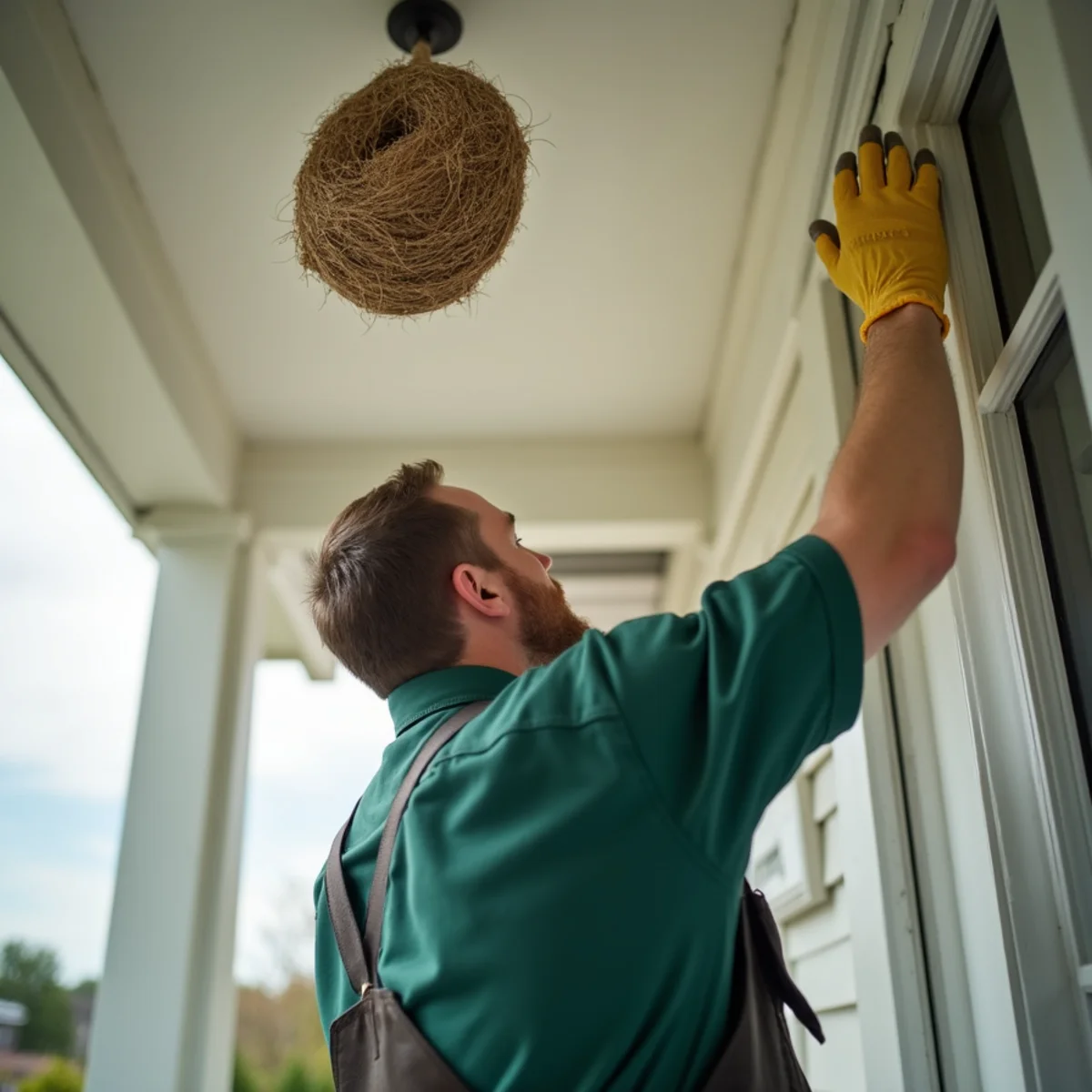 Paper wasp nest constructed beneath front door porch light fixture
