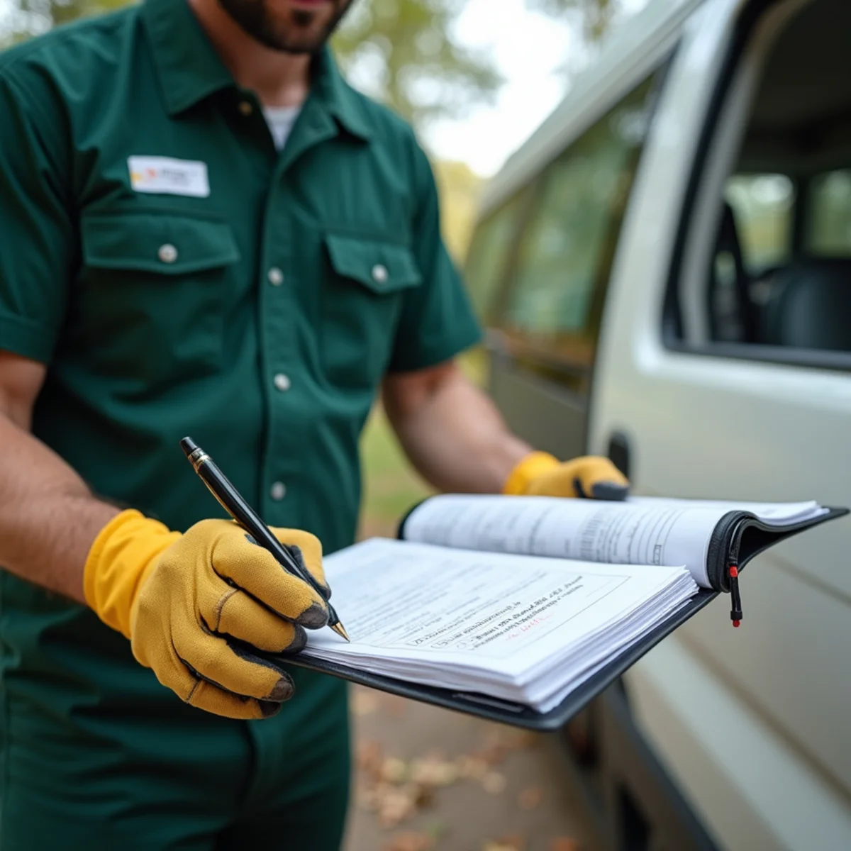 Field technician recording pest diagnostic findings and treatment plan notes