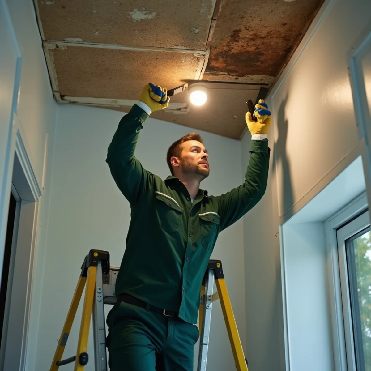 Inspecting commercial acoustic drop-ceiling void with work light