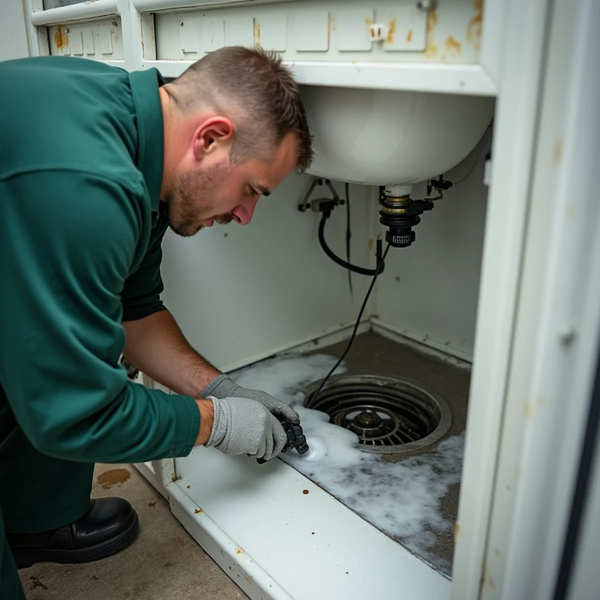 Applying bio-enzymatic cleaning foam into commercial floor sink drain