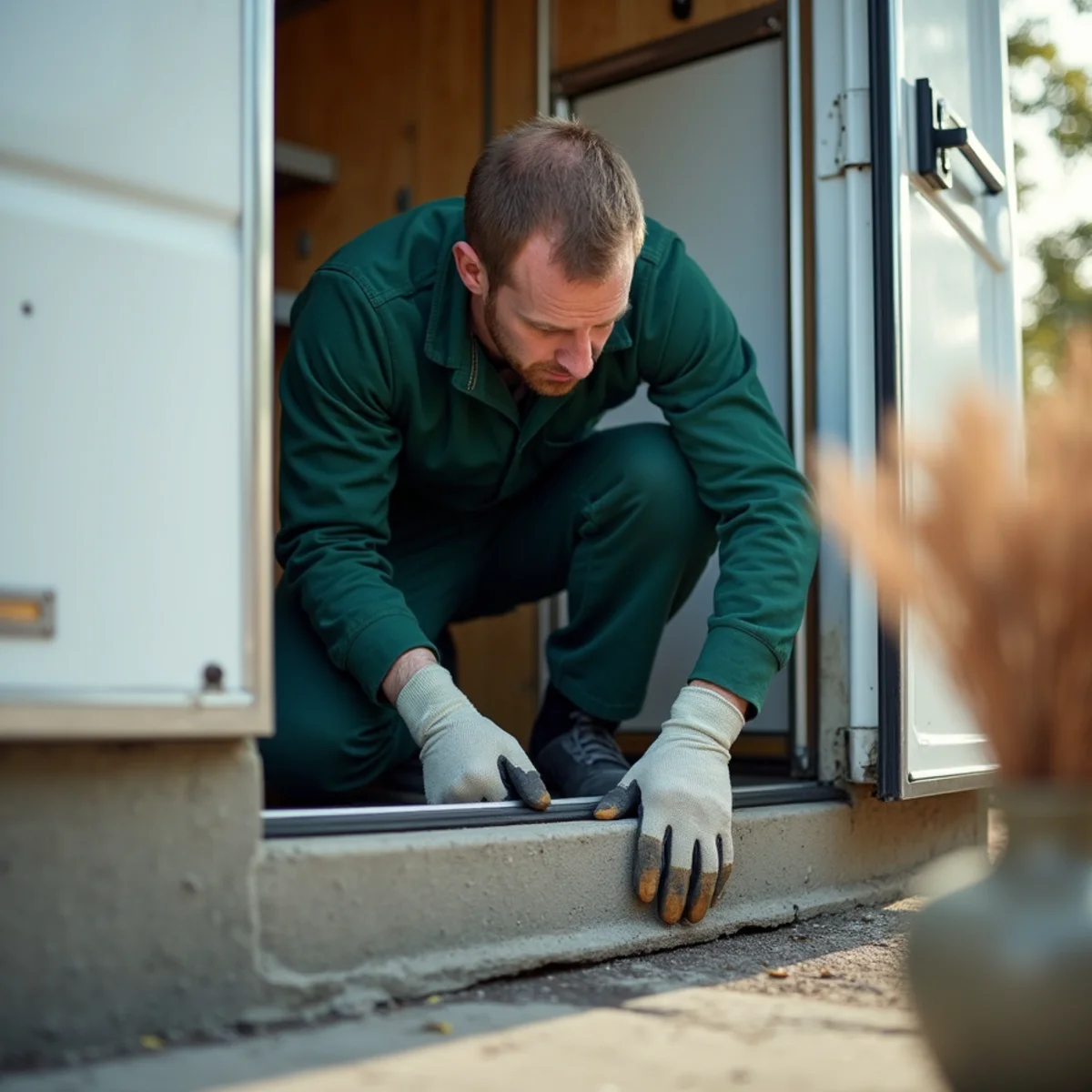Inspecting heavy-duty kitchen delivery door sweep for zero light gap