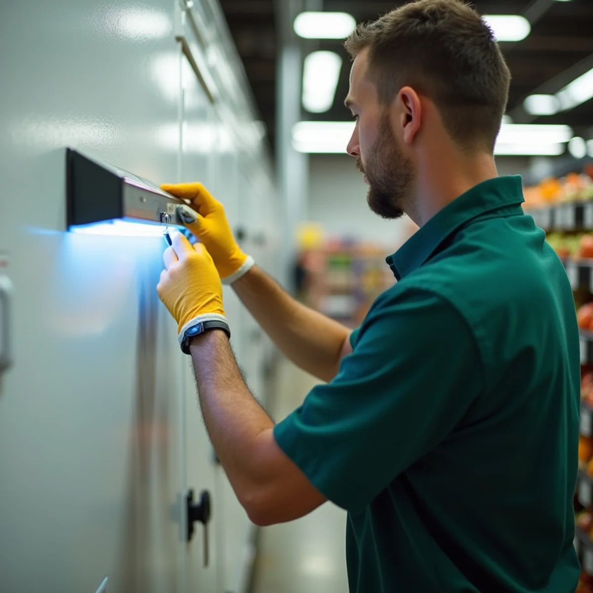 Servicing wall-mounted UV fly light trap in grocery staging area