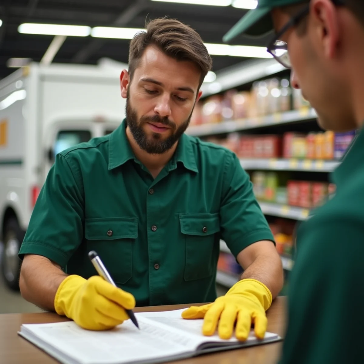 Supermarket manager reviewing pest logbook for NYS Dept of Ag & Markets audit