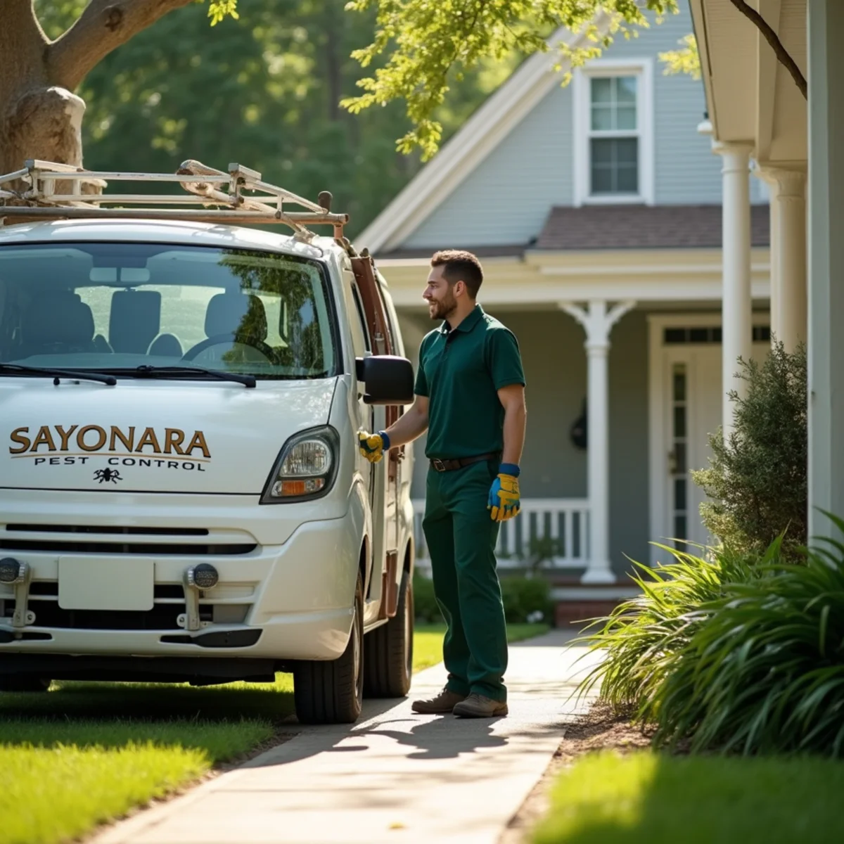 Sayonara Pest Control technician conducting an IPM inspection in Melville, NY