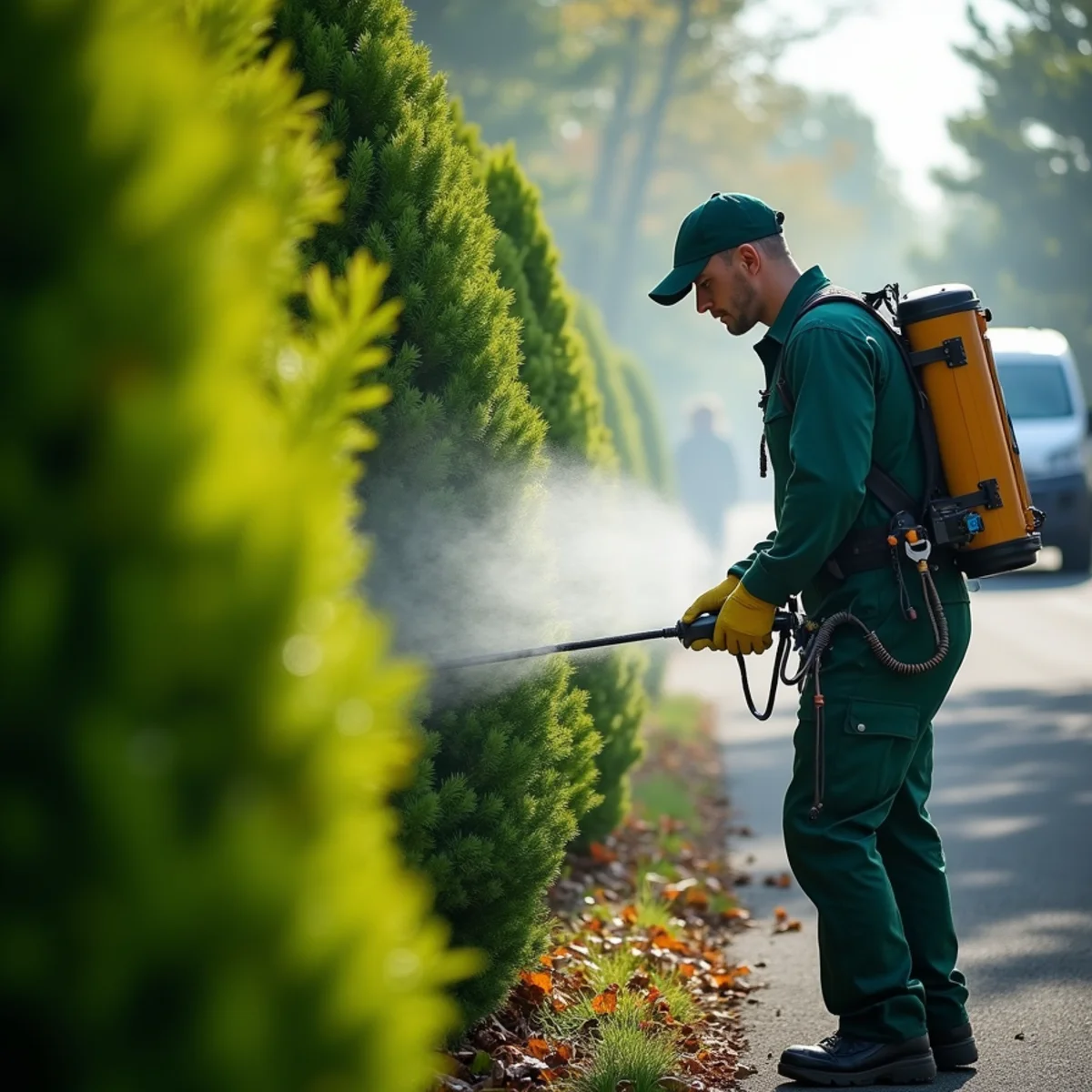 Backpack mist blower treating shaded arborvitae mosquito resting zones