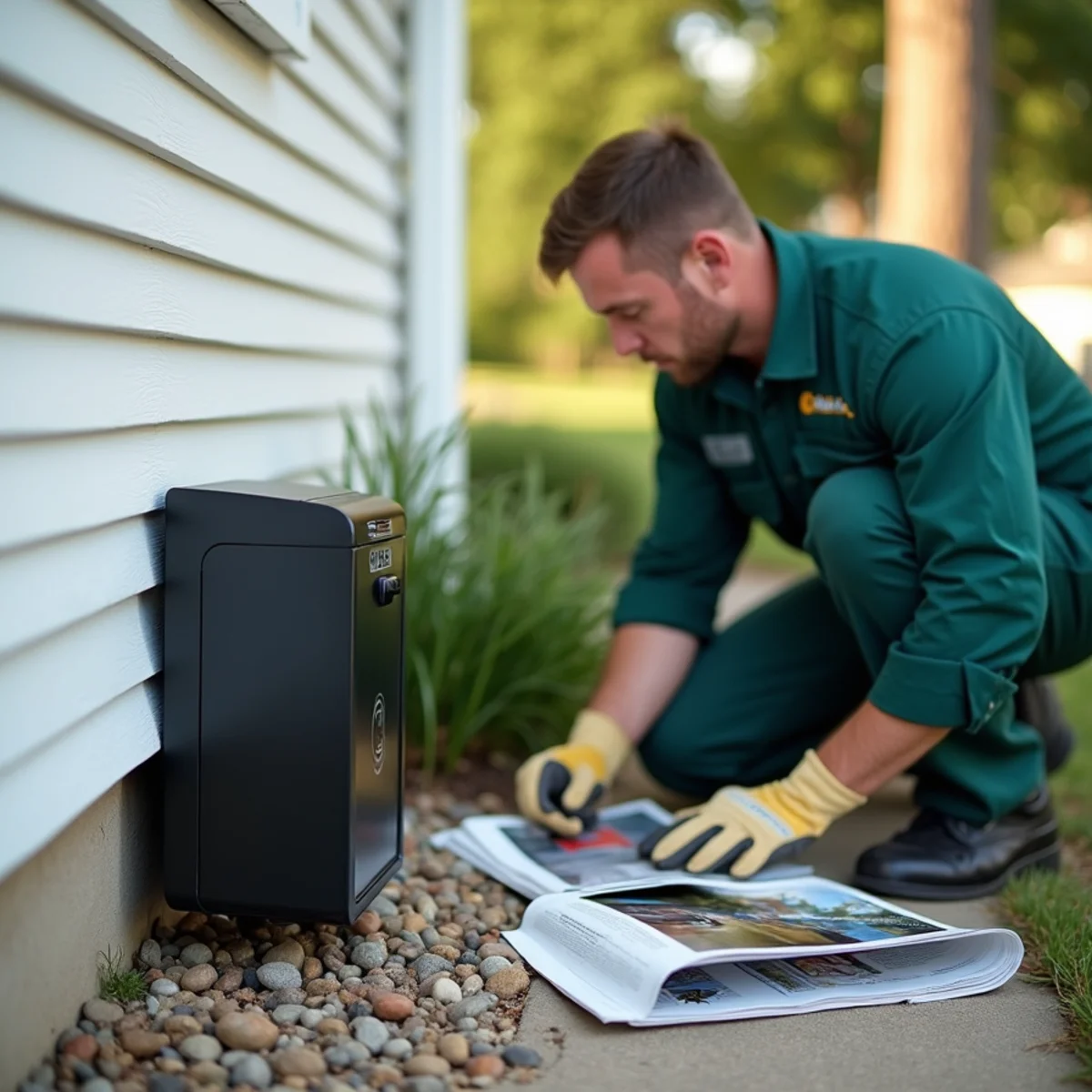 Tamper-resistant exterior pest monitoring station installed on gravel border