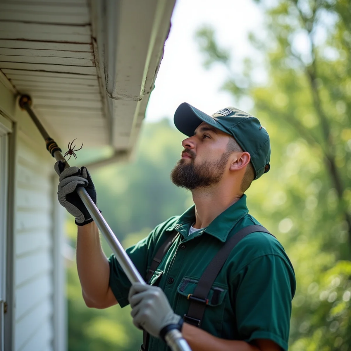 Telescoping pole removing spider webs and wasp starts from second-story eaves