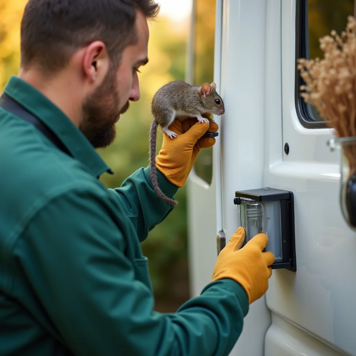 Servicing and replenishing exterior rodent station during autumn maintenance