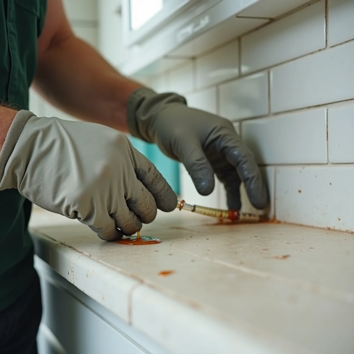 Precision gel ant bait application behind kitchen backsplash