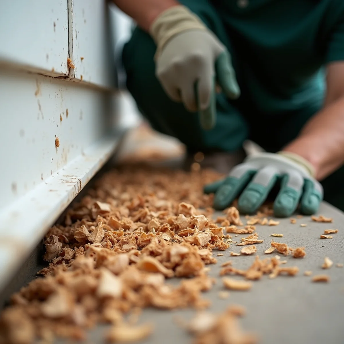 Carpenter ant frass shavings on basement wooden sill plate