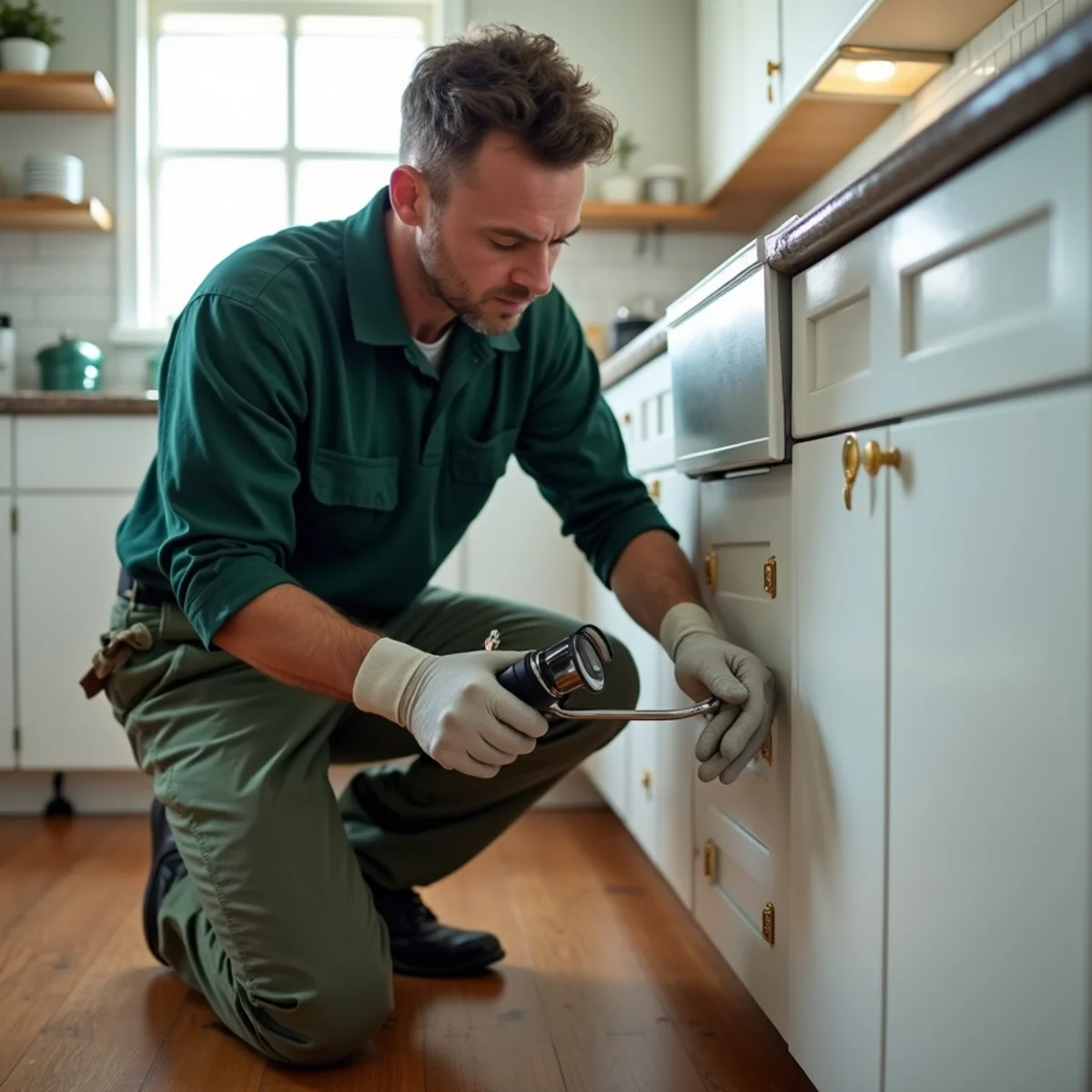 Kitchen under-sink plumbing penetration inspection for residential pests