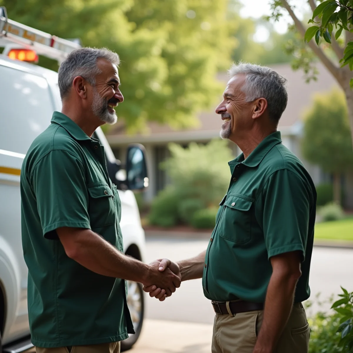 Satisfied Long Island homeowner reviewing completed pest inspection report with technician