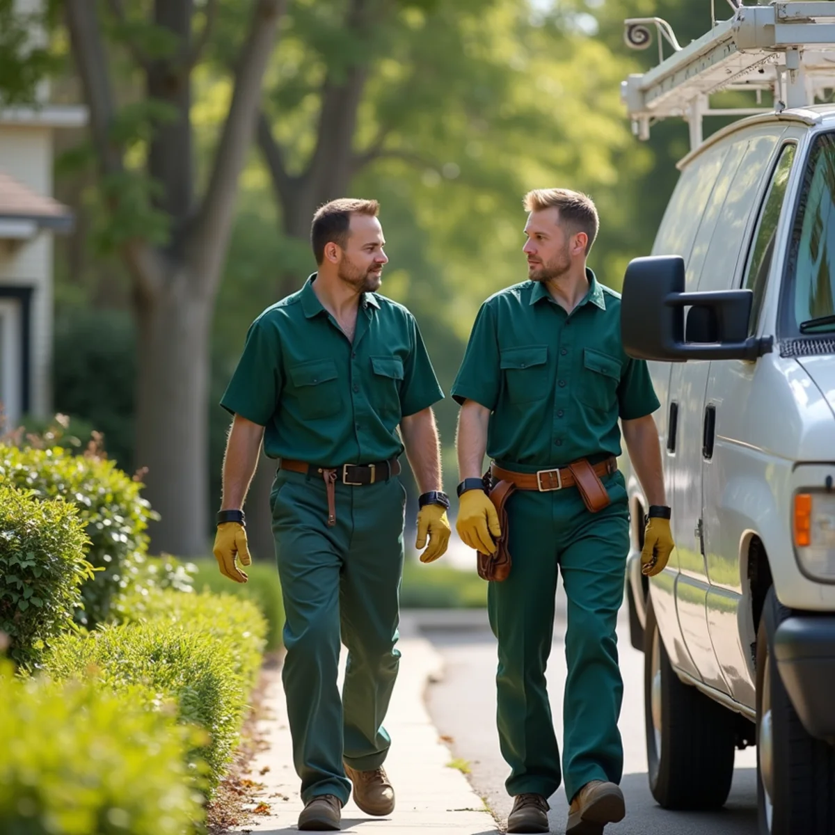 Licensed exterminator presenting digital service sign-off tablet to residential client