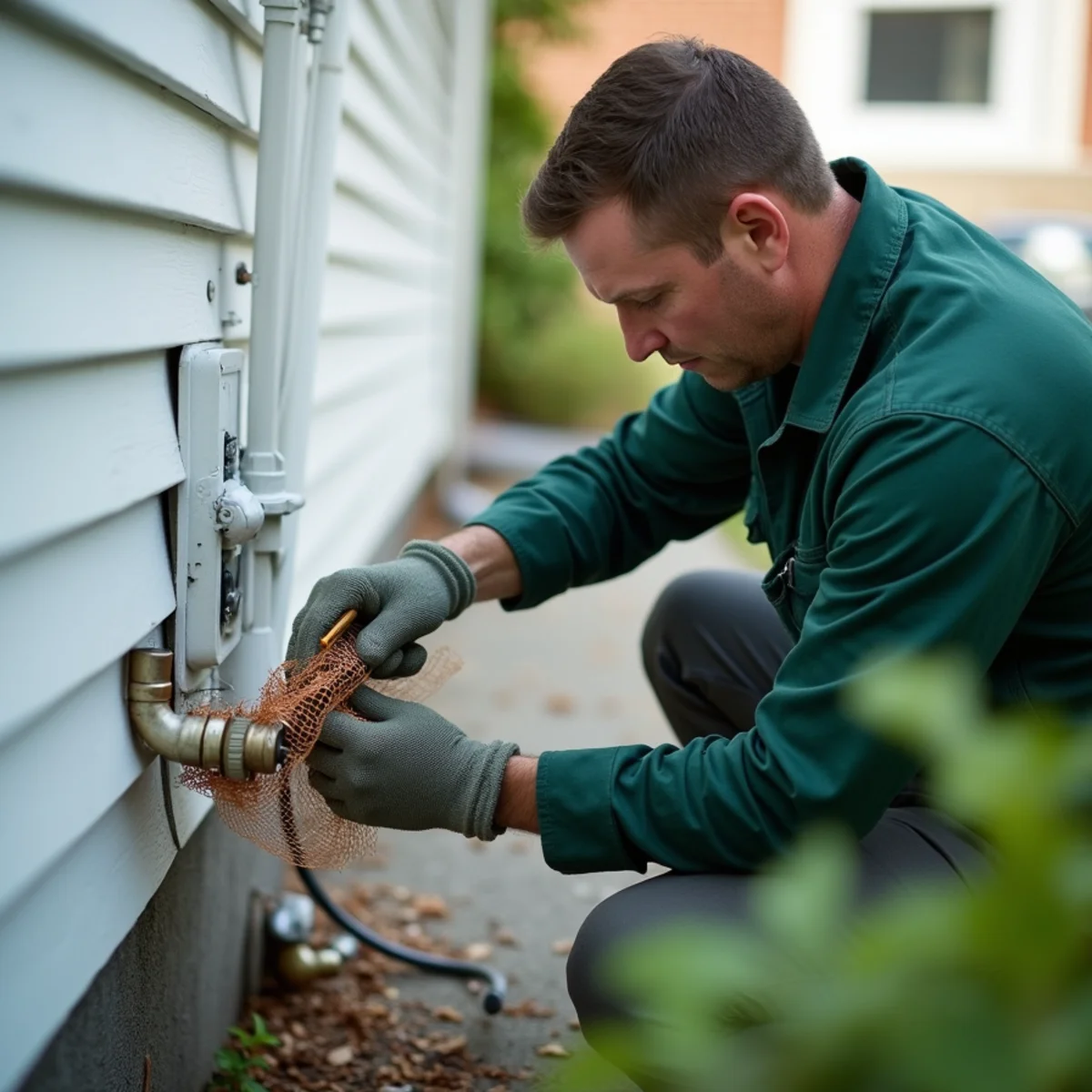 Sealing AC refrigerant line penetration with rodent-proof wire mesh