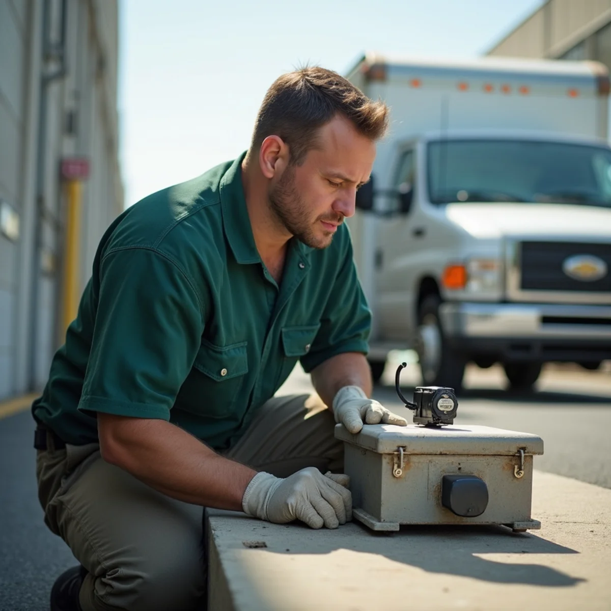 Inspecting exterior rodent station in East Farmingdale commercial park - East Farmingdale NY