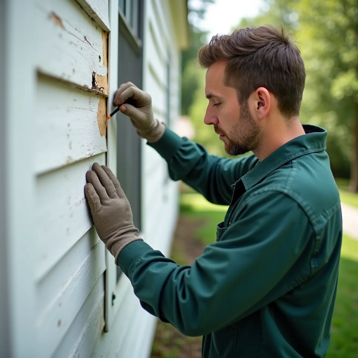 Inspecting wooden trim and corner boards on Syosset colonial home - Syosset NY