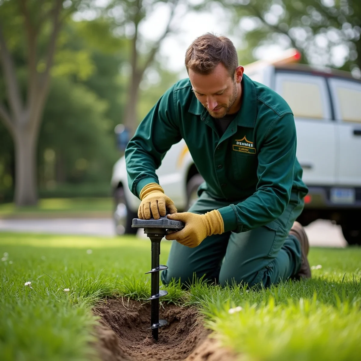 Technician coring soil to install Advance termite bait station