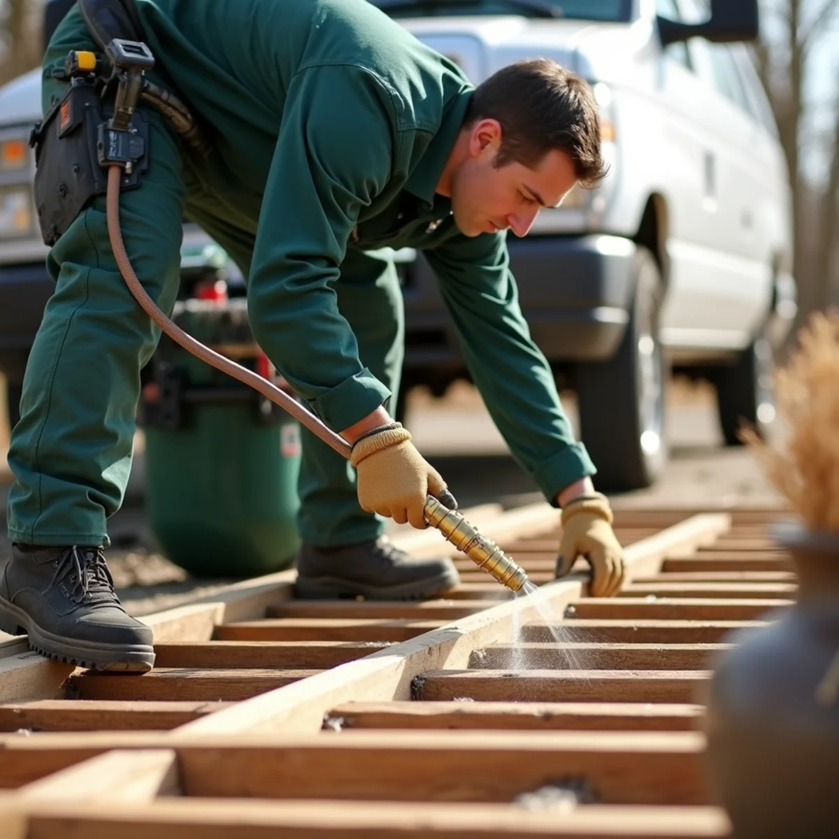 Penetrating borate preservative spray applied to basement floor joists