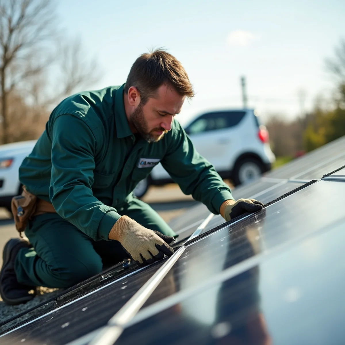 Installing galvanized wire mesh barrier around rooftop solar panels